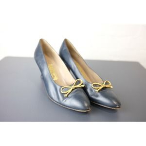 Salvatore Ferragamo Pumps - Navy Blue with Gold Decorative Tie - Used, US 8